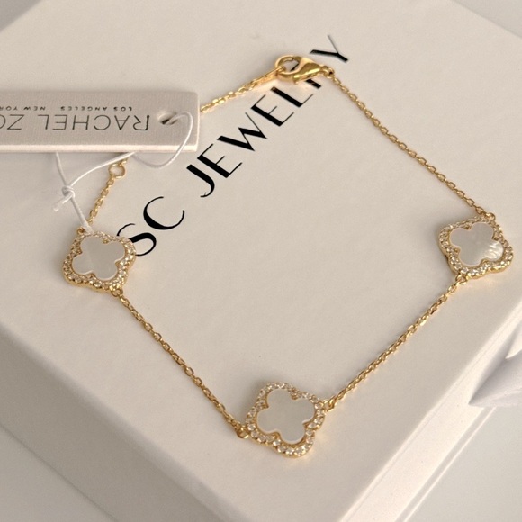 Rachel Zoe Clover Bracelet Cubic Zirconia Mother of Pearl 925 Sterling Silver - Picture 1 of 5